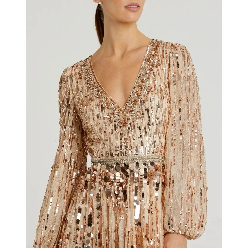 NWT Mac Duggal Beige Embellished Mesh Long Sleeve V Neck Gown $698 - Size 16